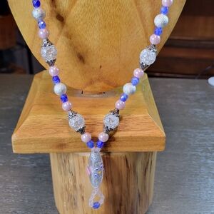 Blue, Pink, Silver, Crystal Handmade Necklace with Lamp Work Glass Bead Accent